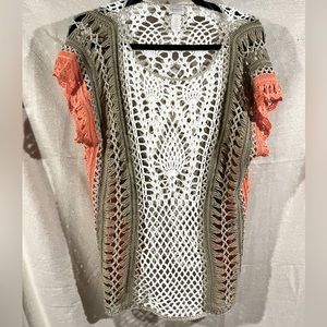 CHICOS WOMENS GLORIA ELEVATED COLORBLOCK OPEN KNIT CROCHET TOP COVER